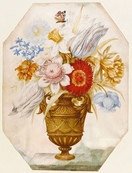 Still Life of flowers in a vase which stands on a ledge with a butterfly resting