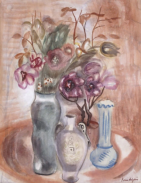 Still Life with Flowers and Vases, (pencil, watercolour and bodycolour)
