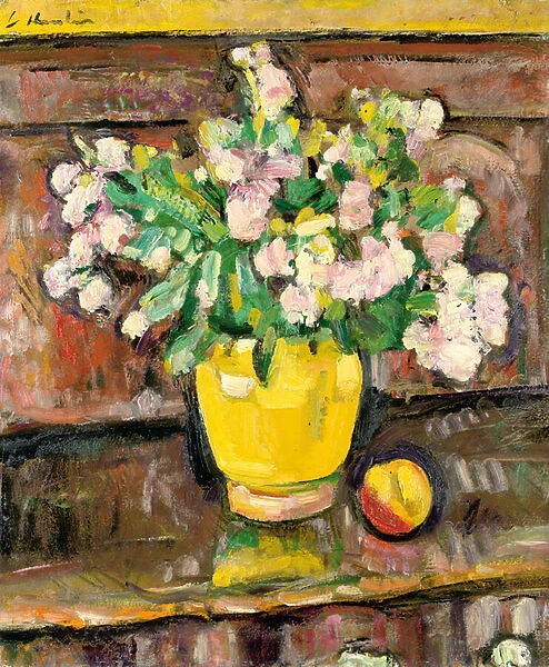 Still life with flowers in a yellow vase (oil on board)