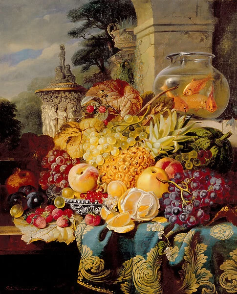 Still life of fruit on a ledge with a goldfish bowl, 1876
