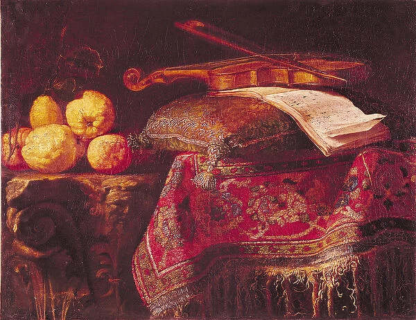Still Life of Fruit and Musical Instruments (oil on canvas)