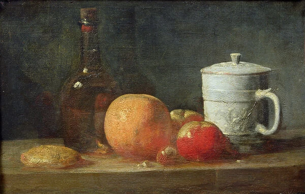 Still Life with Fruit and Wine Bottle (oil on canvas)