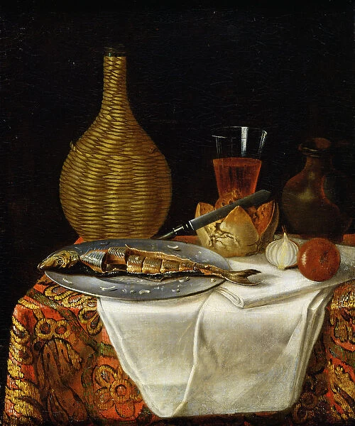 Still Life of a Herring and Flask (oil on canvas)