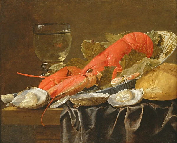 Still life with lobster, shrimp, roemer, oysters and bread (oil on copper)