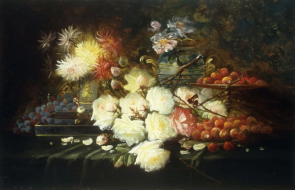 Still life with roses, chrysanthemums, grapes and strawberries (oil on canvas)