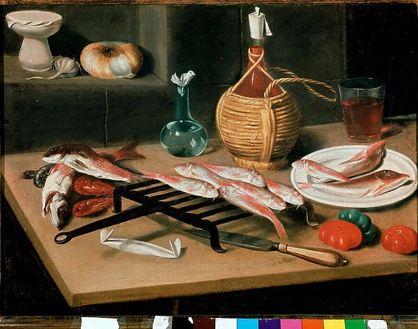 Still Life Table with grilled fish plates (mullet) and bottle of wine (damigiana)