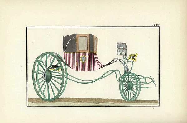 Light carriage called a diligence or coupe car for two passengers from the court of Marie Antoinette. Handcoloured lithograph from Fashions and Customs of Marie Antoinette and her Times, by Le Comte de Reiset, Paris, 1885