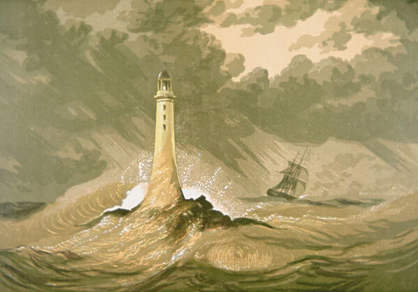 Lighthouse with Sailing Ship, 1880s (colour litho)