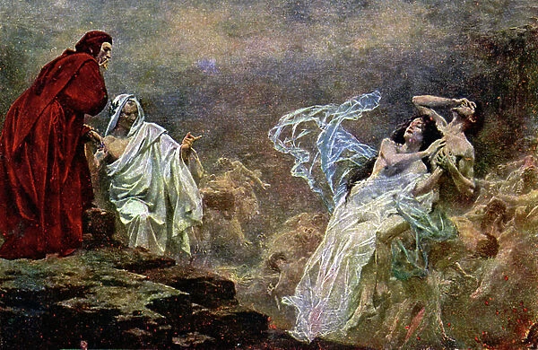 Literature. Dante Alighieri in the Inferno. Illustration by Julius Schmidt in: The Divine Comedy, by Dante Alighieri, Germany, c.1910 (postcard)