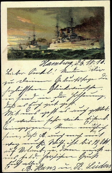 Litho German warships in motion, Sacrifice Day 1916