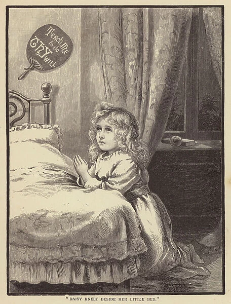 Little girl kneeling beside her bed and saying her prayers (litho)