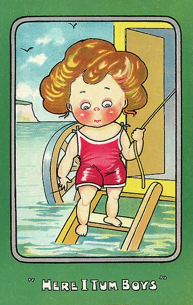 Little girl stepping down from bathing machine into the sea (colour litho)