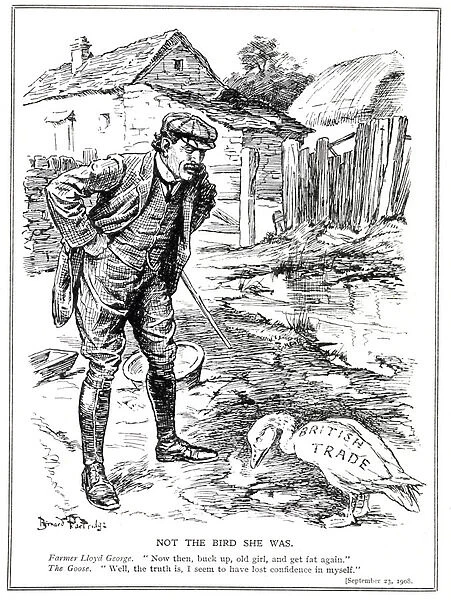 Lloyd George telling British Trade, symbolised by a goose, to get fat again, 1908 (litho)