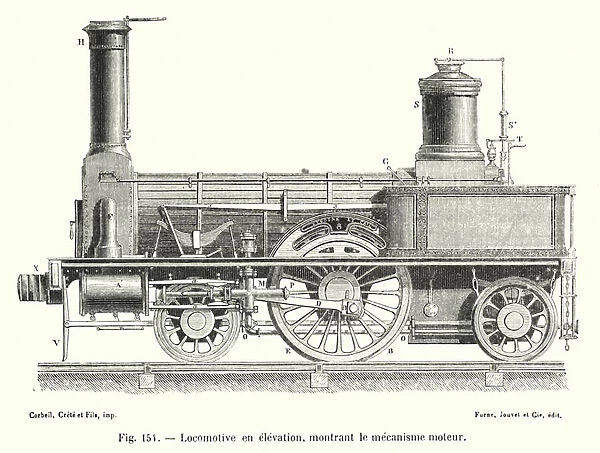Locomotive en elevation, montrant le mecanisme moteur (engraving)