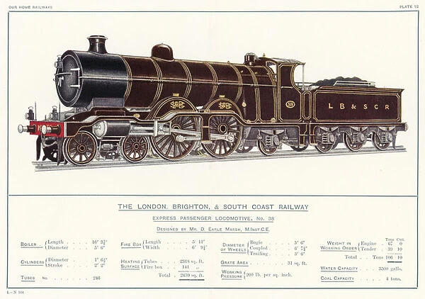 The London, Brighton, And South Coast Railway, Express Passenger Locomotive, No 38, Designed by Mr D Earle Marsh, MInstCE (colour litho)