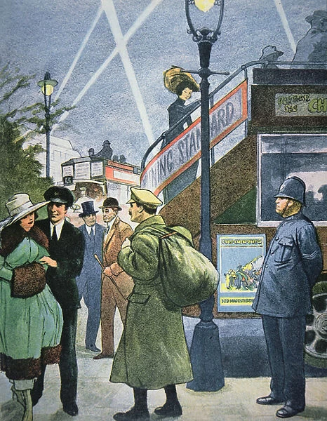 London street scene in WWI, soldier on leave, c. 1914-18 (colour litho)