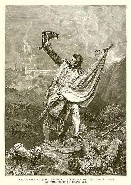 Lord Cochrane (Earl Dundonald) recovering the Spanish Flag at the Siege of Rosas, 1808 (engraving)