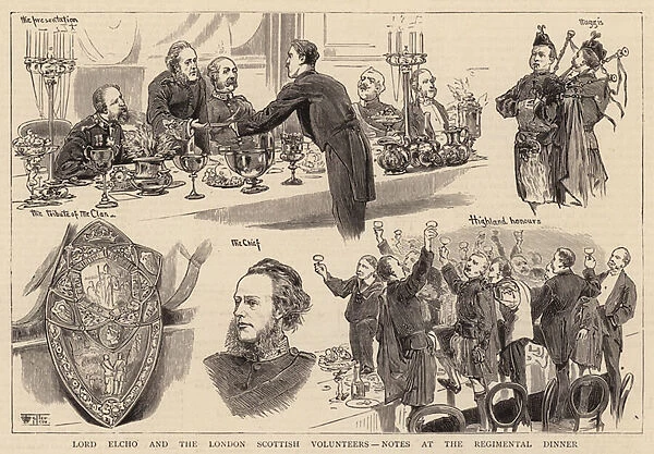 Lord Elcho and the London Scottish Volunteers, Notes at the Regimental Dinner (engraving)