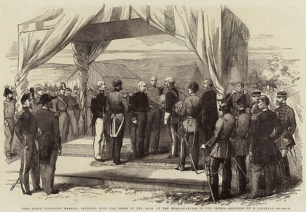 Lord Gough investing Marshal Pelissier with the Order of the Bath, at the Head-Quarters in the Crimea (engraving)