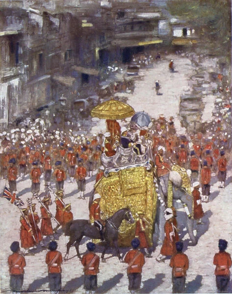 Lord and Lady Curzon entering Delhi (colour litho)