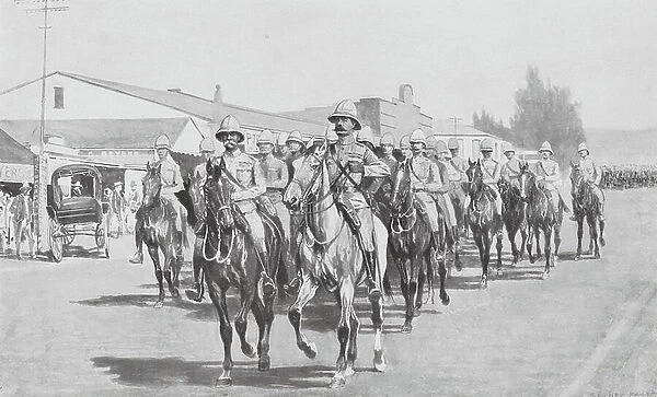 Lord Roberts, Lord Kitchener, and Staff Riding into Pretoria, 5 June 1900 (litho)