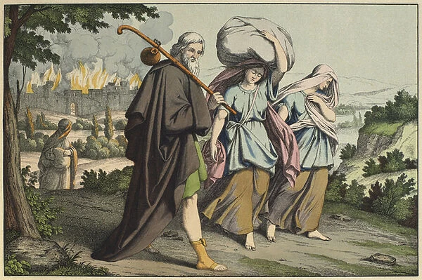 Lot and his daughters fleeing, illustration from L Ancien Testament