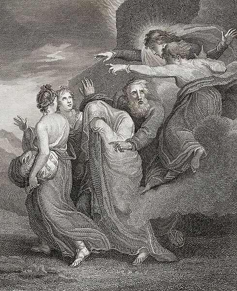 Lot and his daughters fleeing from Sodom (engraving)