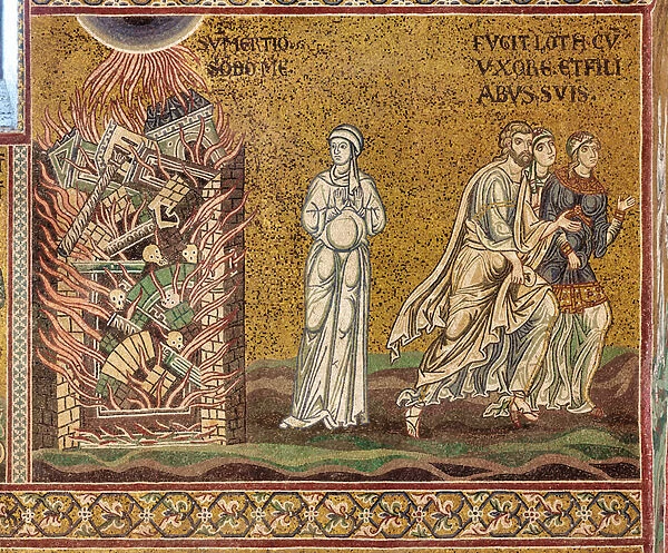 Lot his wife and his daughters escaping Sodom (mosaic)
