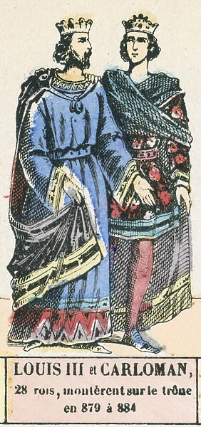 Louis III et Carloman, 28 rois, monterent sur le trone en 879 a 884 (coloured engraving)