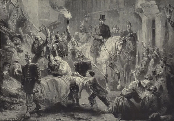 Louis Napoleon visiting the Paris barricades on horseback on the night of 3 December 1851 (litho)