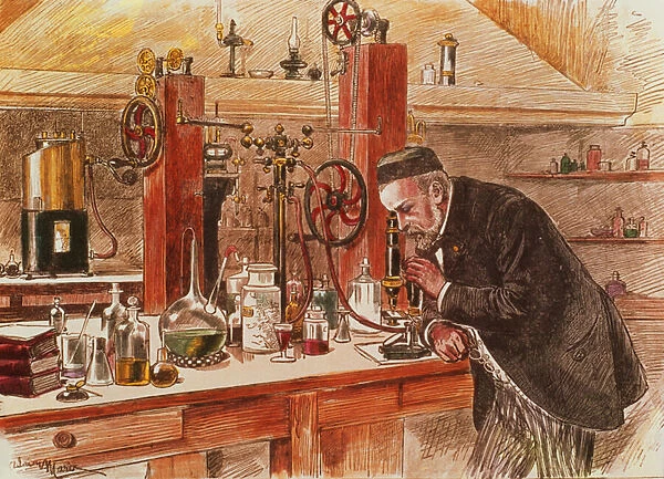 Louis Pasteur experimenting for the cure of hydrophobia in his laboratory, c. 1885, pub. c