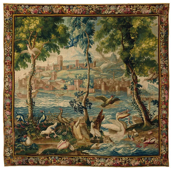 Louis XIV Beauvais ports de mer tapestry, c. 1700 (wool & silk)