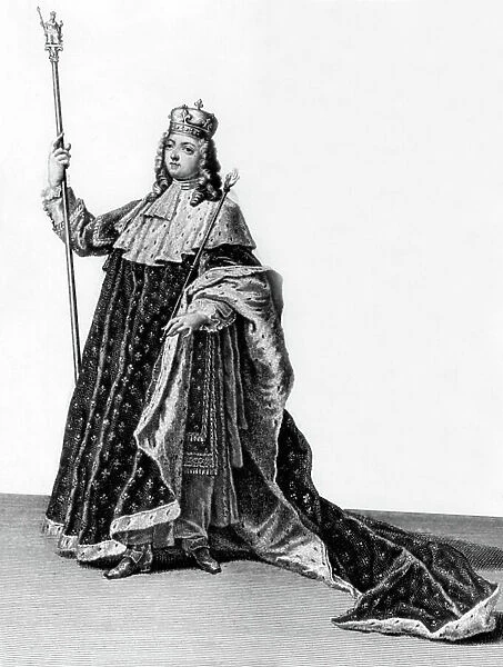 Louis XV (1710-1774) French king in 1715-1774, wearing coronation suit, engraving