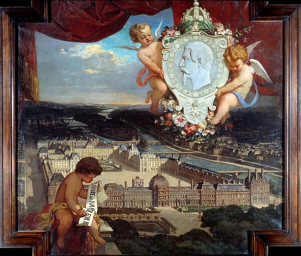The Louvre of Napoleon III 'View of the Palais du Louvre and the portrait of Napoleon III (1808-1873) in medallion'Painting by Victor Joseph Chavet (1822-1906) 1857 Sun. 2, 12 x 2, 22 m Paris, Musee du Louvre