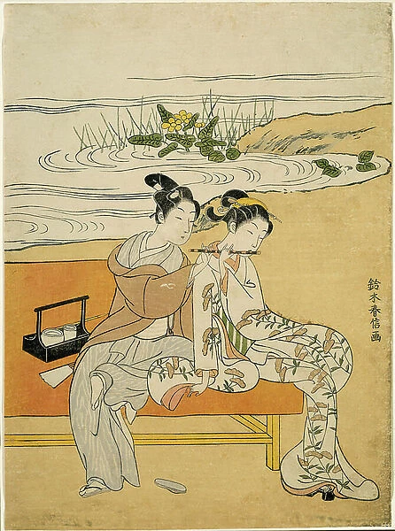 Lovers Playing the Same Fute (parody of Xuanzong and Yang Guifei), c.1767 (colour woodblock print; chuban)