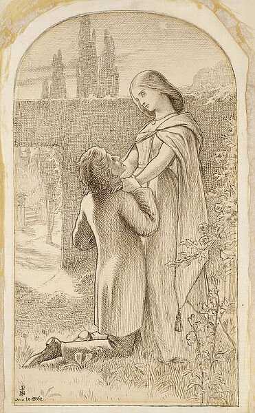 Two Lovers in a starlit Garden, 1862 (pen and dark brown ink on laid paper)
