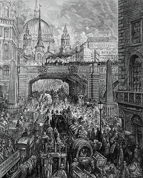 Ludgate Circus from the bottom of Fleet Street, looking up Ludgate Hill, 1850
