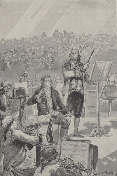 Ludwig van Beethoven conducting an orchestra despite his deafness (engraving)