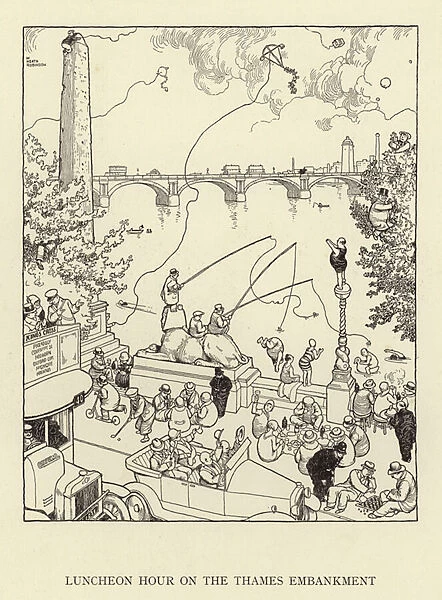 Luncheon hour on the Thames Embankment (litho)