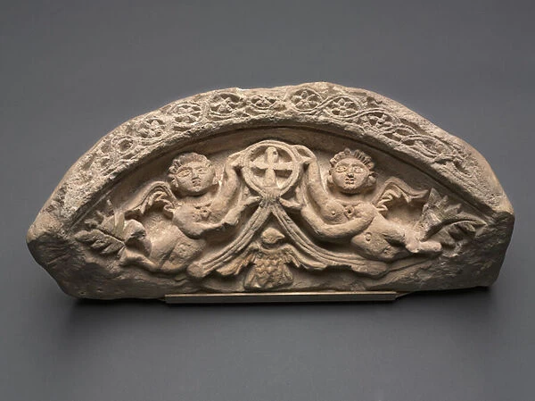 Lunette with Two Angels Supporting a Pendant Cross, 400s (limestone)
