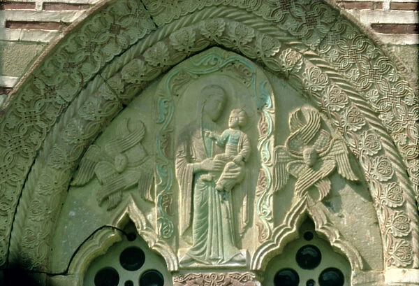 Madonna and Child, window detail of the church, built 1413-17 (stone)