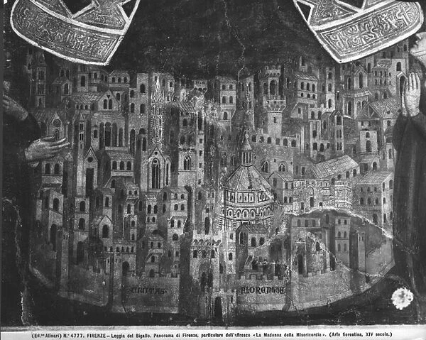 The Madonna della Misericordia, detail of the city of Florence, 14th century (fresco) (b  /  w photo) (detail of 109453)