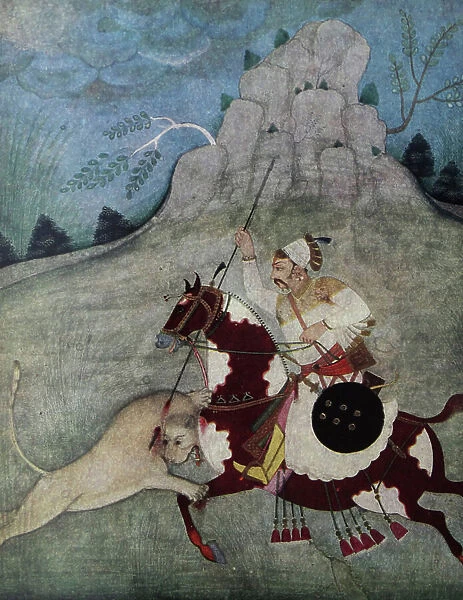 Maharaja Kesari Singh on horseback overcoming a lioness, 1715-1720 (illustration)