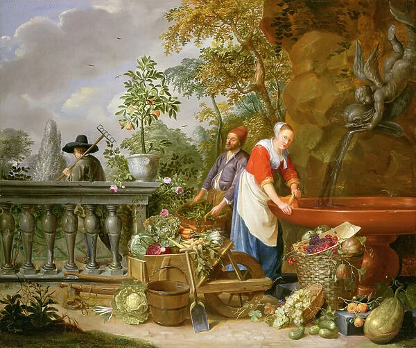 A Maid Washing Carrots at a Fountain with Two Gardeners at Work (oil on canvas)