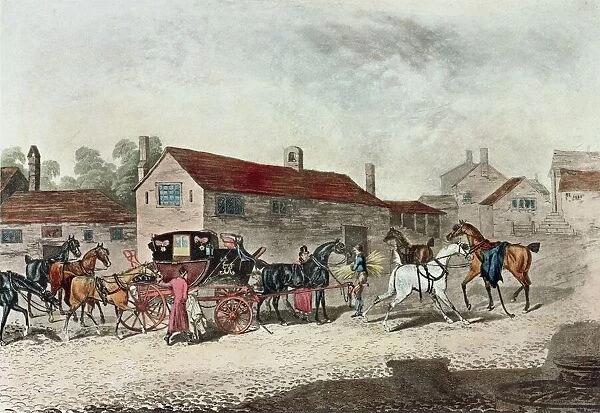 The Mail Coach Changing Horses, engraved by R. Havell, 1815 (colour litho)