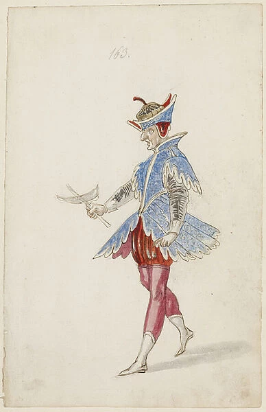 Male figure in a blue and red costume from the Ballet des quatre saisons de l Annee, 1626 (brown ink, w  /  c & metallic paint over an underdrawing of black chalk on laid paper)