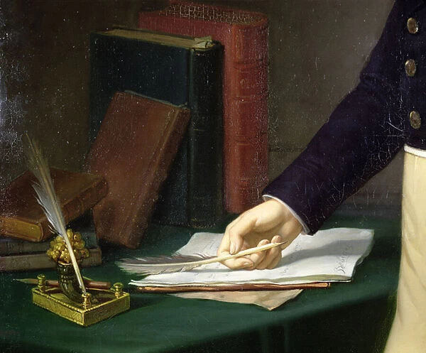 Man holding a pen in his right hand, c. 1830-40 (oil on canvas) (detail of 235384)