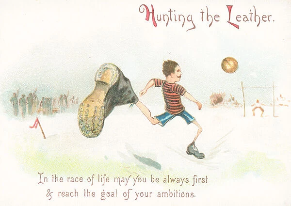 Man with moustache about to score a goal in football (chromolitho)
