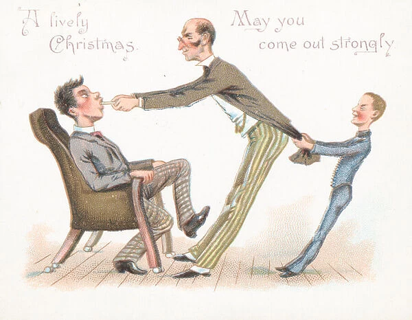 Man pulling boys tooth, Christmas Card (chromolitho)