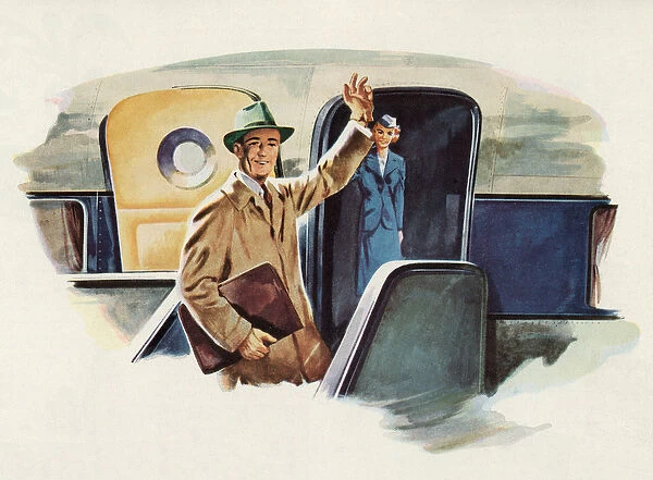 Man Waves Goodbye as He Boards an Airplane, 1948 (screen print)